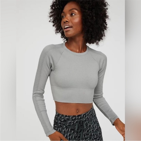 aerie Tops - Aerie Big Chill Seamless Ribbed Long Sleeve Crop Top Stone Gray S